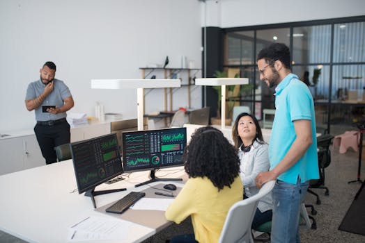 Office employees collaborate on financial data at modern workspace, engaging in teamwork and communication.