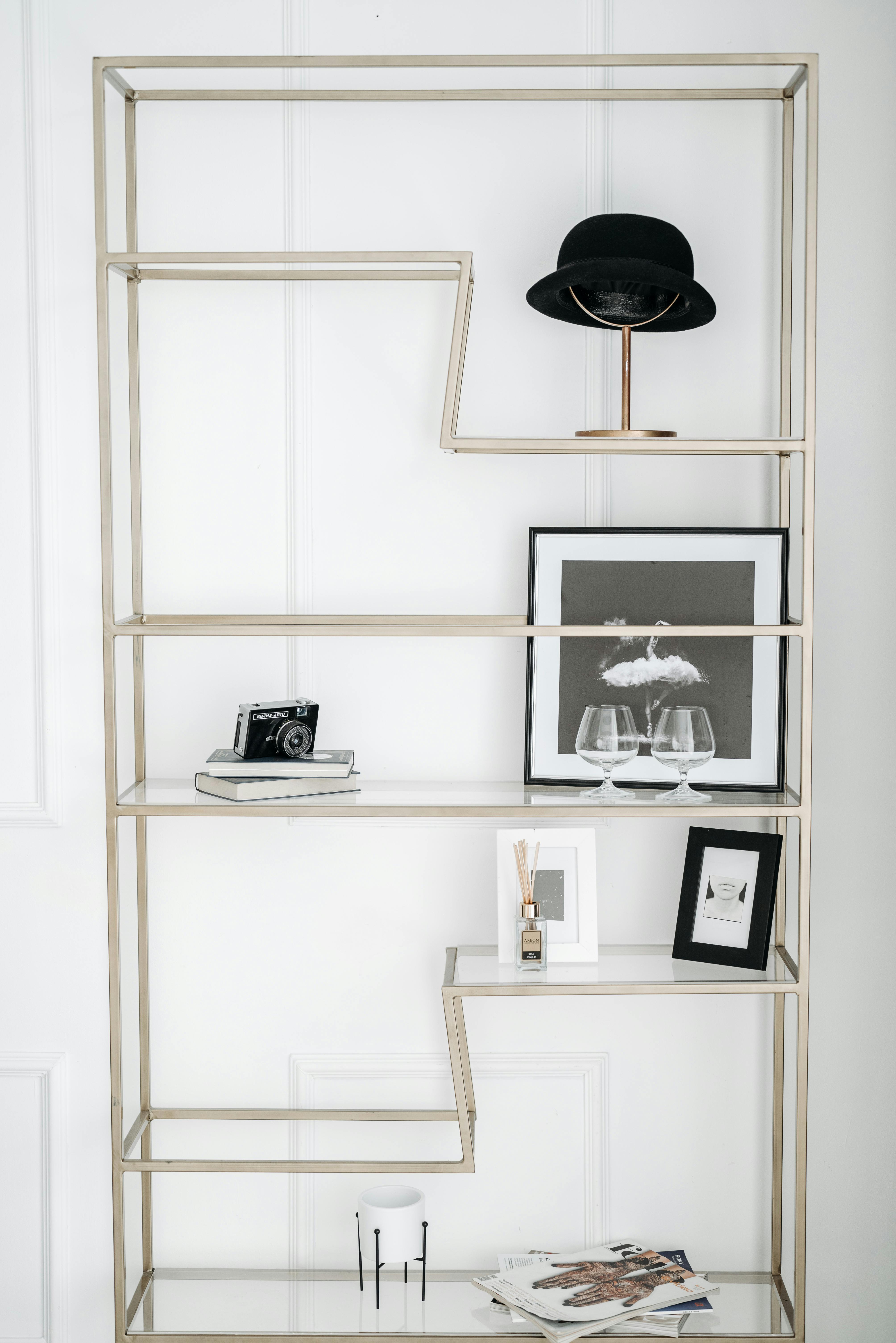 Geometric Metal Bookcase with Home Decorations · Free Stock Photo