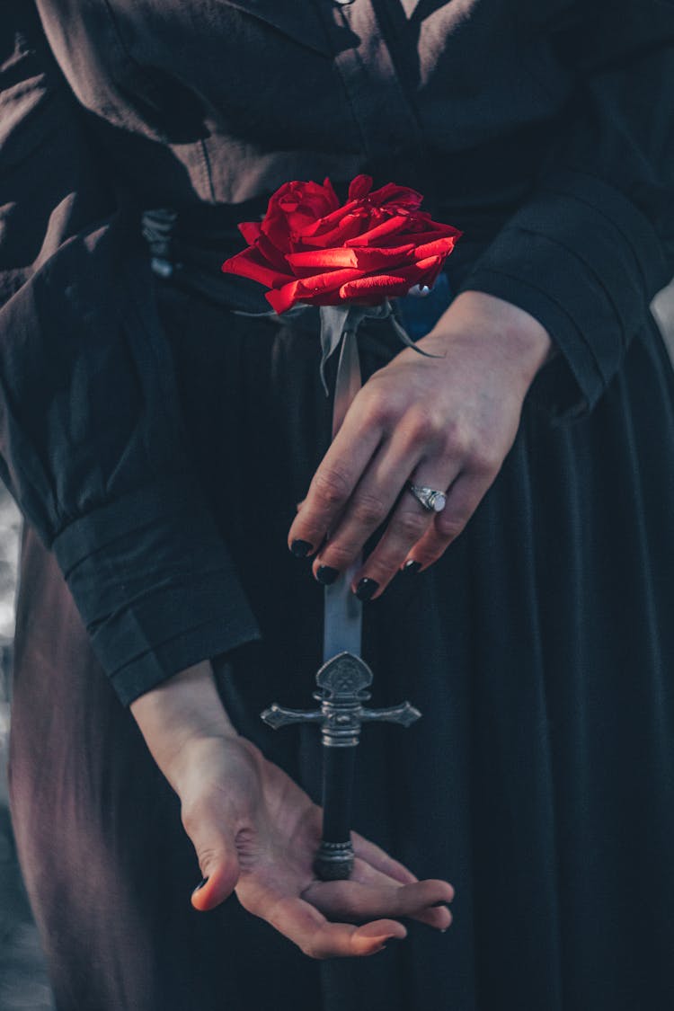 Hands Holding Dagger With Flower