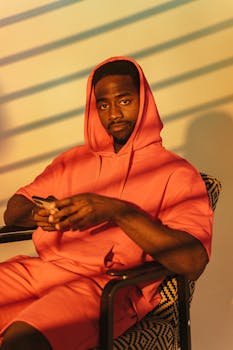 Relaxed man in a pink hoodie sitting indoors, checking his smartphone.