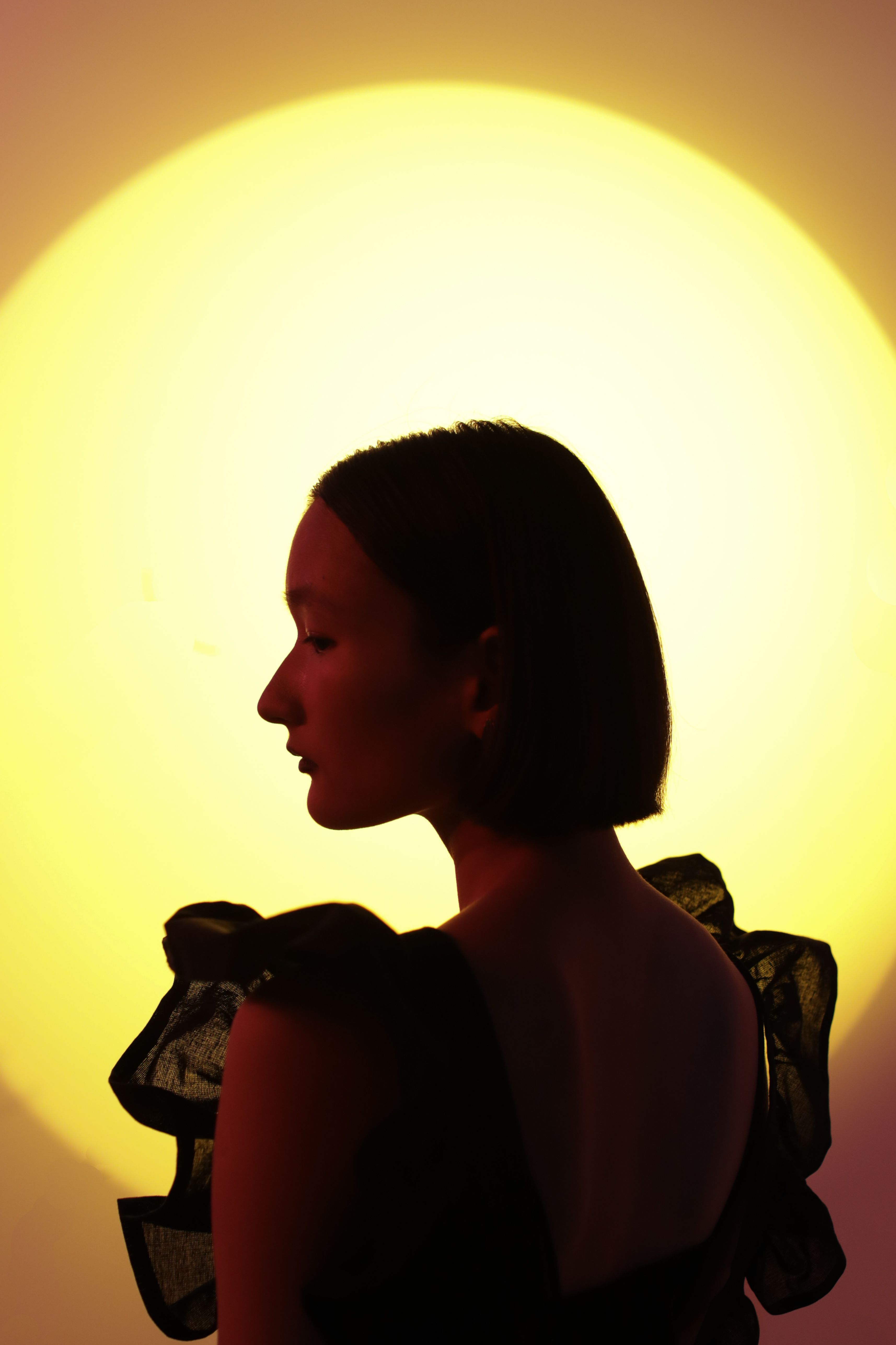 Elegant silhouette of a woman in a stylish dress, artistically backlit by a radiant sun.
