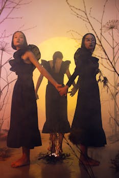 Three women in black dresses hold hands in an ethereal studio setting.