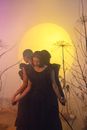Woman in Black Dress Standing Beside Yellow Sun