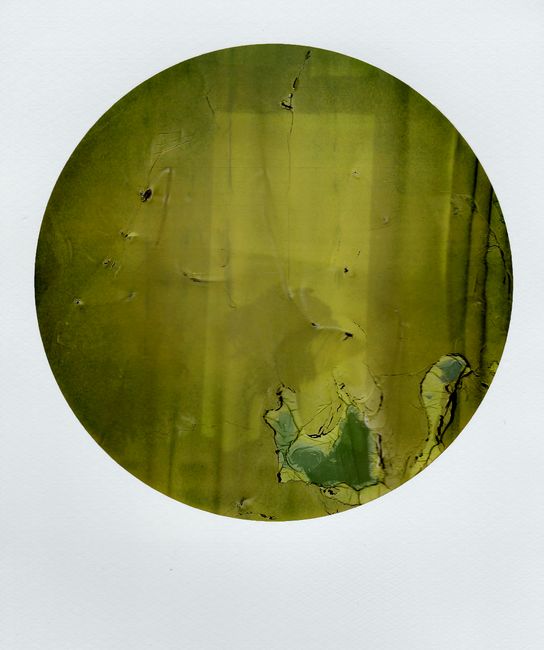 Close-up of an abstract green textured circle with cracked patterns.
