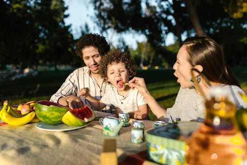 Family Having a Picnic in the Park and Mother Feeding Her Son Fruit 