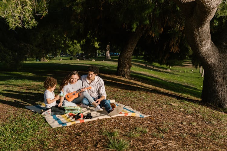 A Family Sitting On A Picnic Blanket Together