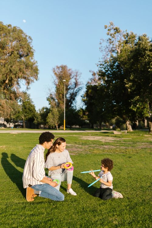 Free A happy family playing together outdoors in a sunny park. Stock Photo