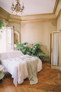 Luxurious bedroom with chic decor, floral accents, and natural light streaming in.