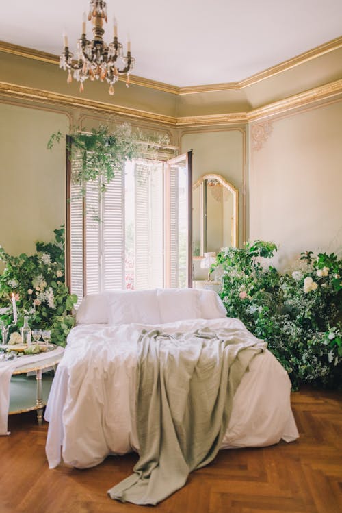 Free  Bed Near Plants and Window Stock Photo