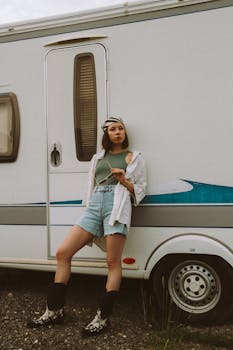 Young cool female in bandana and shirt looking away while standing on rough road against parked trailer