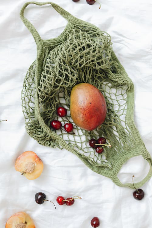Mesh Bag with Fruits on White Textile