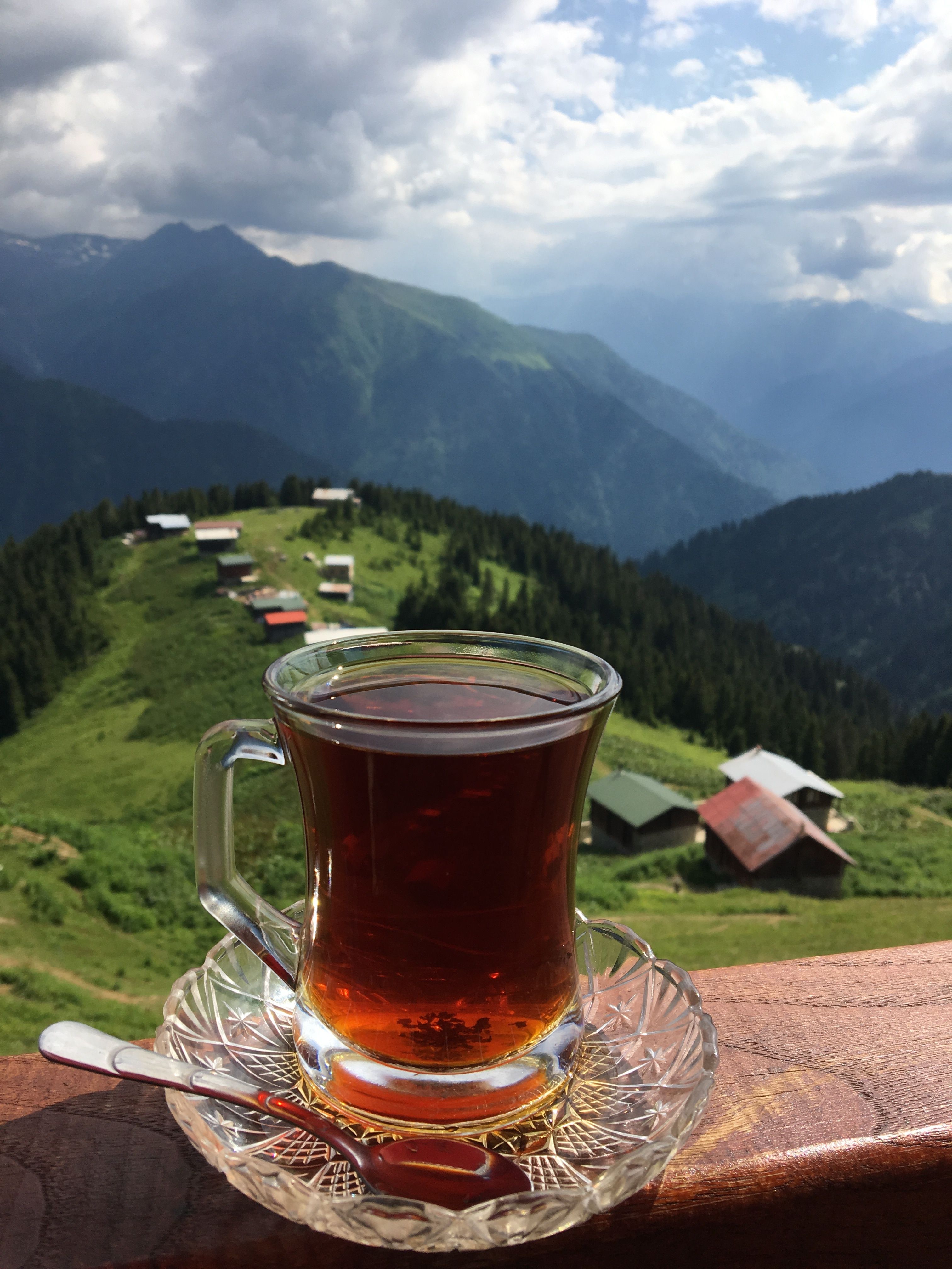 Enjoy a serene view of Rize's mountains with a hot tea, perfect for relaxation.