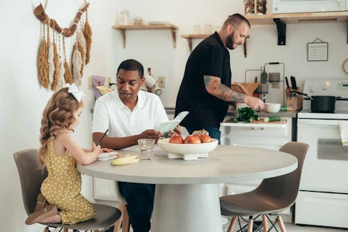 Girl with Men in Kitchen