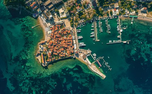 Free Stunning overhead view of Budva, Montenegro's historic coastal area and marina. Stock Photo