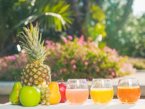 Colorful assortment of fresh fruit juices and fruits on a sunny outdoor table, perfect for summer refreshment.