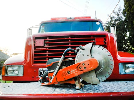 Focused shot of a concrete saw on a red firetruck, showcasing emergency rescue tools.