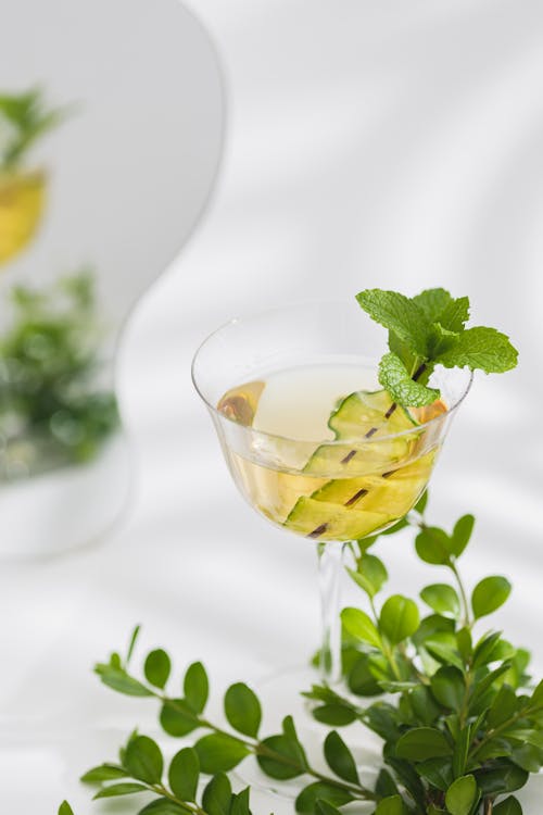 An Alcoholic Beverage Garnished with Mint Leaves