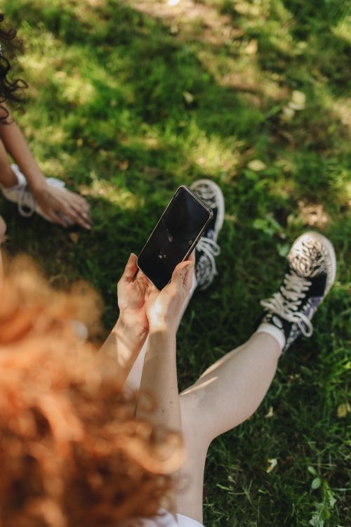 Free Overhead view of a person sitting on grass using a smartphone, enjoying leisure time outdoors. Stock Photo