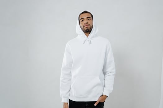 Man in casual white hoodie standing against a neutral background, suitable for lifestyle imagery.
