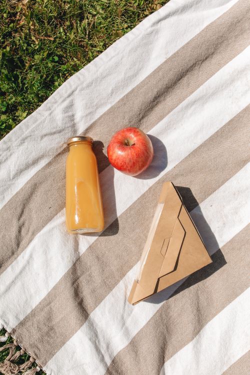 Free Overhead view of a picnic setup featuring a fresh apple, bottled juice, and a sandwich box on a striped blanket. Stock Photo
