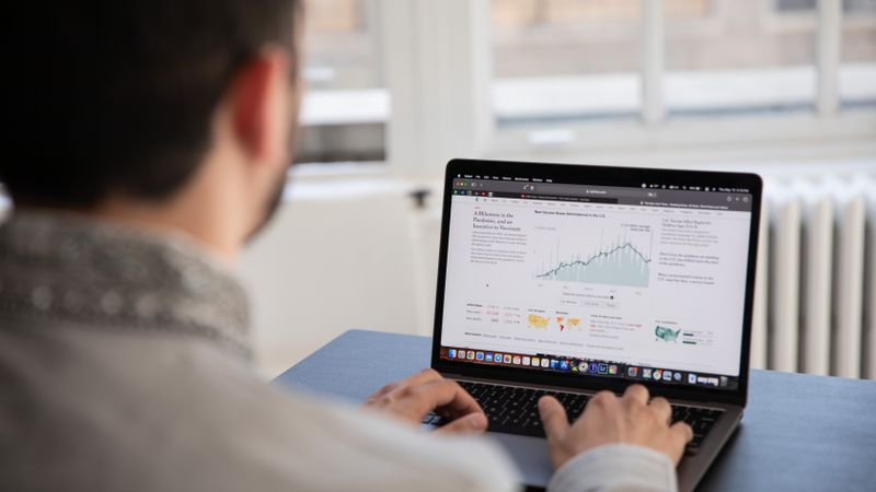 A person working on a laptop analyzing financial data in a bright indoor setting.