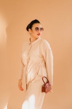 Stylish adult woman wearing sunglasses and elegant beige fashion in a modern setting.