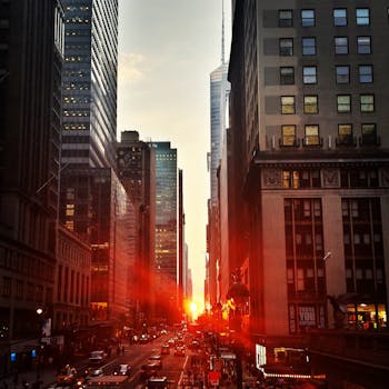 Captivating sunset view down a bustling street in Manhattan, New York City.