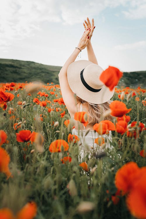 Lady in hat standing with raised arms among red poppy flowers