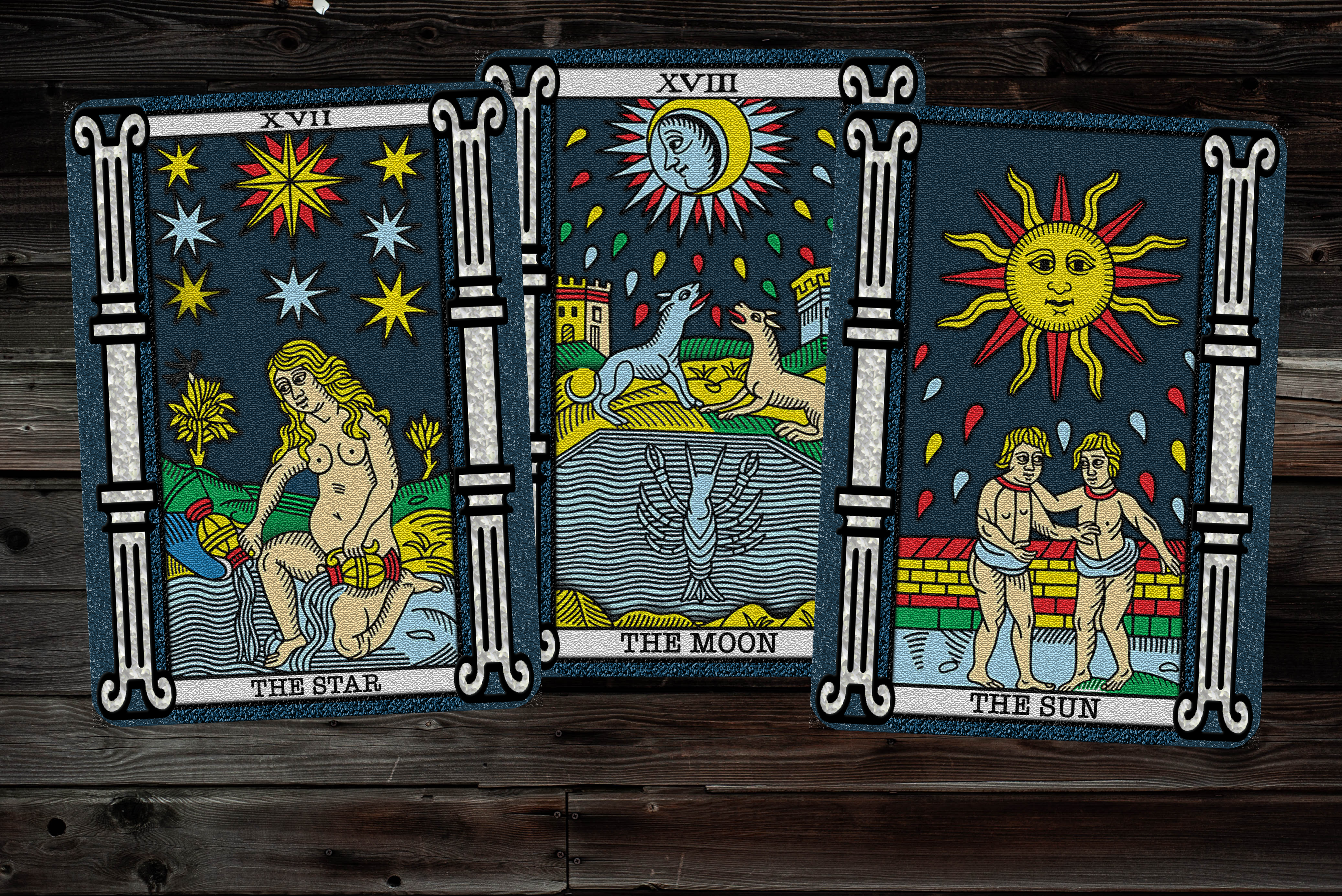 Reproduction of Visconti-Sforza tarot cards with gold backgrounds and noble figures in Renaissance style