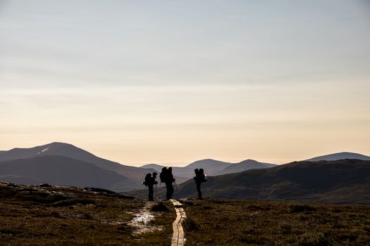 Silhouetted hikers trekking on a pathway in Jämtland, Sweden during daylight.