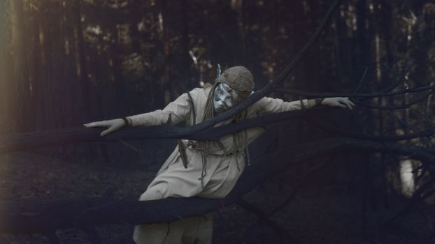 A figure in a whimsical costume poses eerily amidst a foggy, dark forest.