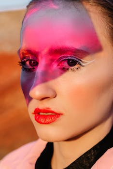 Close-up portrait of a woman with vibrant makeup in bold pink and red hues.