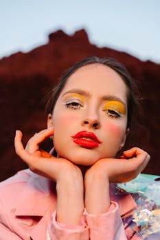 Artistic portrait of a woman with vibrant makeup and red lips posing outdoors.