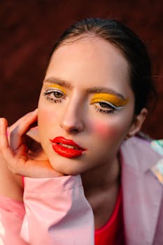 Close-up portrait of a woman with striking makeup, featuring bold colors and a contemplative pose.