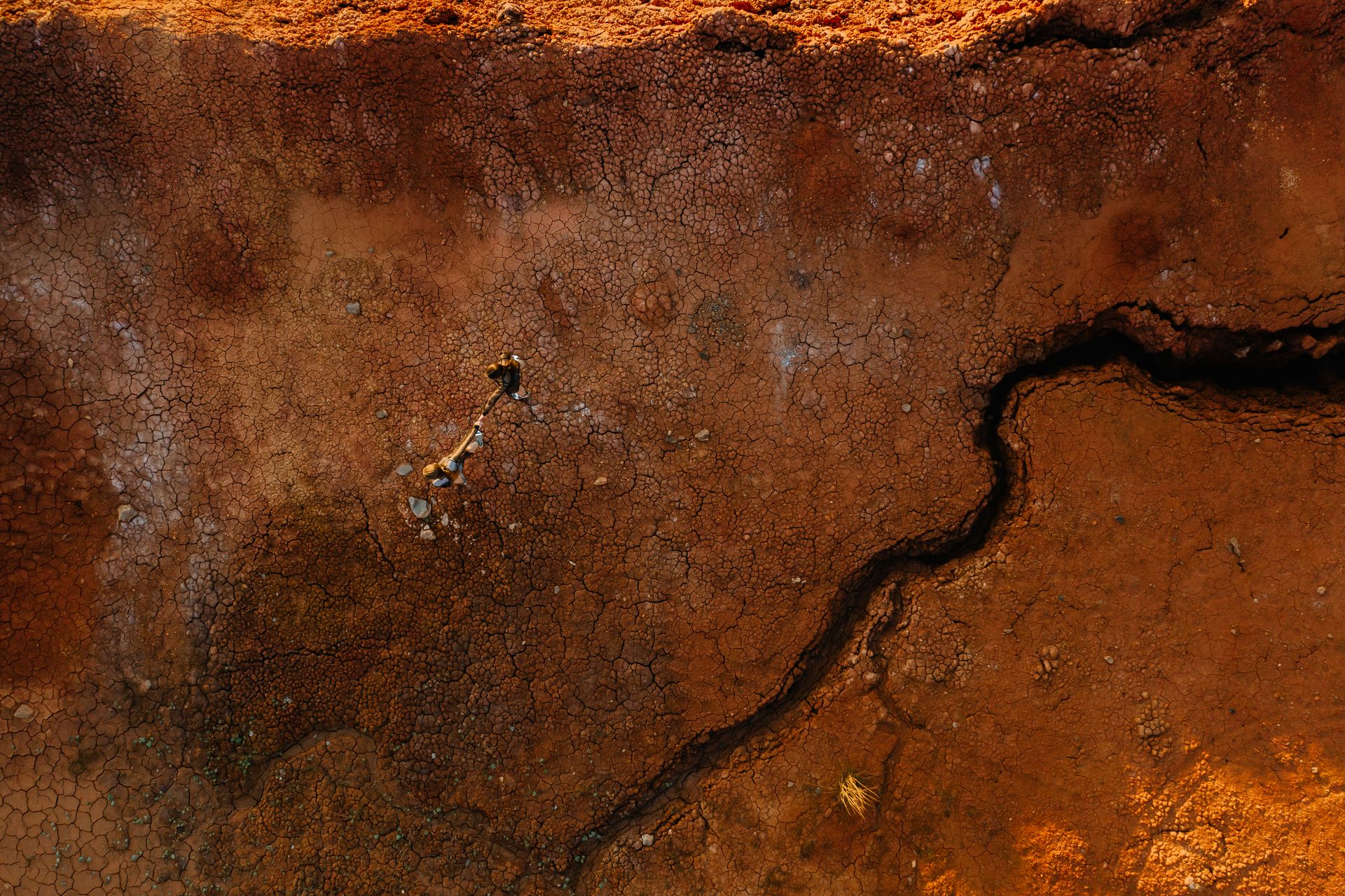 Drone Shot of People Standing on Cracked Dry Land