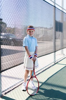 A young girl in sportswear posing happily with a tennis racket on a sunny day.