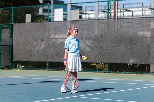 A young girl in sportswear playing tennis on an outdoor court. Bright, sunny day.