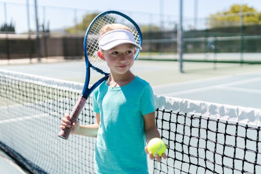 Smiling girl holding tennis racket and ball on an outdoor court.