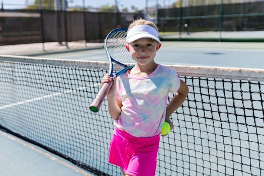 Smiling girl holding a tennis racket and ball on a sunny day at an outdoor tennis court.