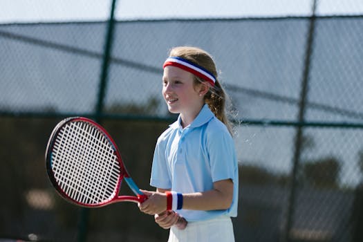 A young girl in athletic wear happily playing tennis outdoors on a sunny day.