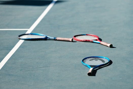 Close-up of three tennis rackets on an outdoor tennis court in sunlight.