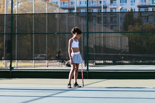 Teen girl in activewear practicing tennis during a sunny day on an outdoor court.