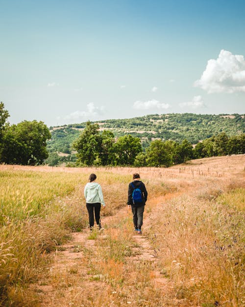 Back View of People Walking on Trail