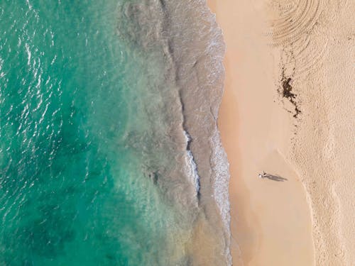 Drone Shot of Two People Walking at the Beach