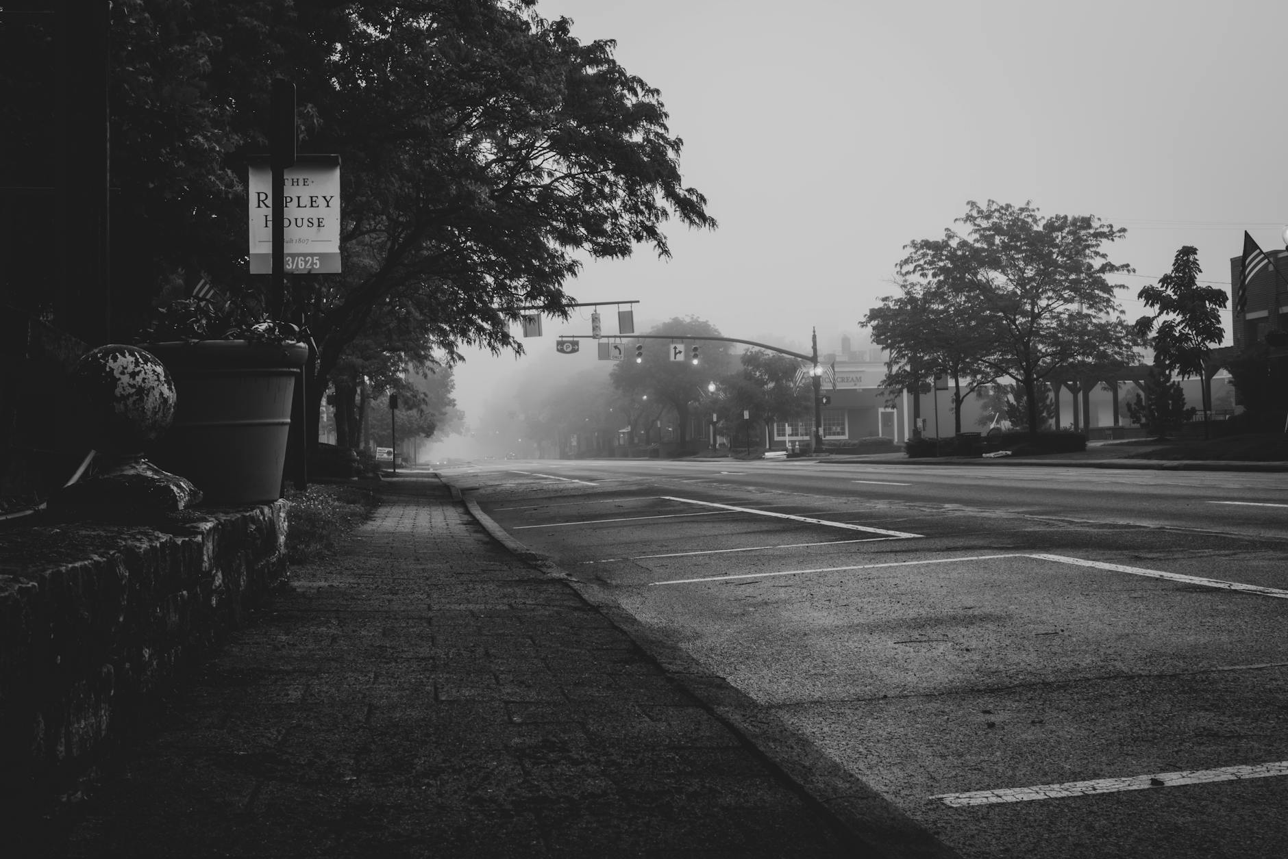 Fog over Street and Sidewalk in Town
