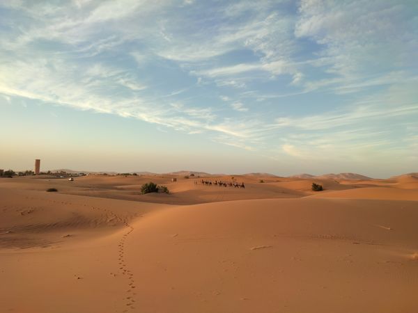Camel caravan crossing sand dunes under an open sky