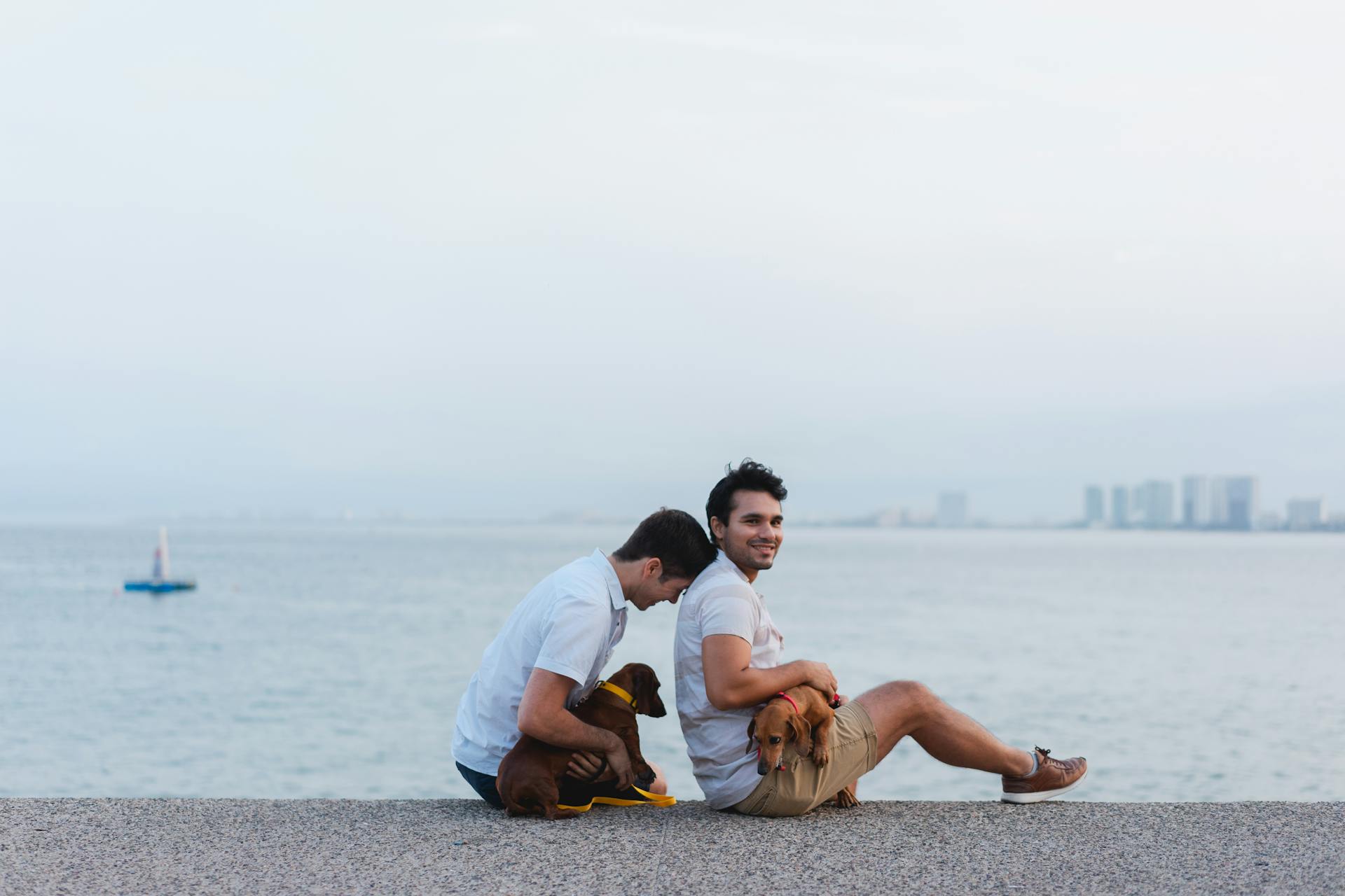 A Couple Sitting on the Seashore with Their Dogs and Smiling