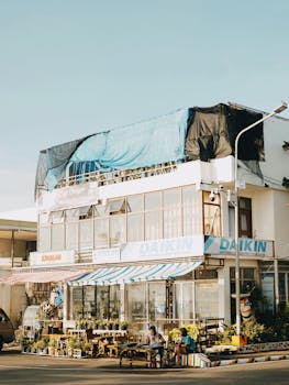 Bright street view of a flower shop with colorful potted plants and a casual urban atmosphere.