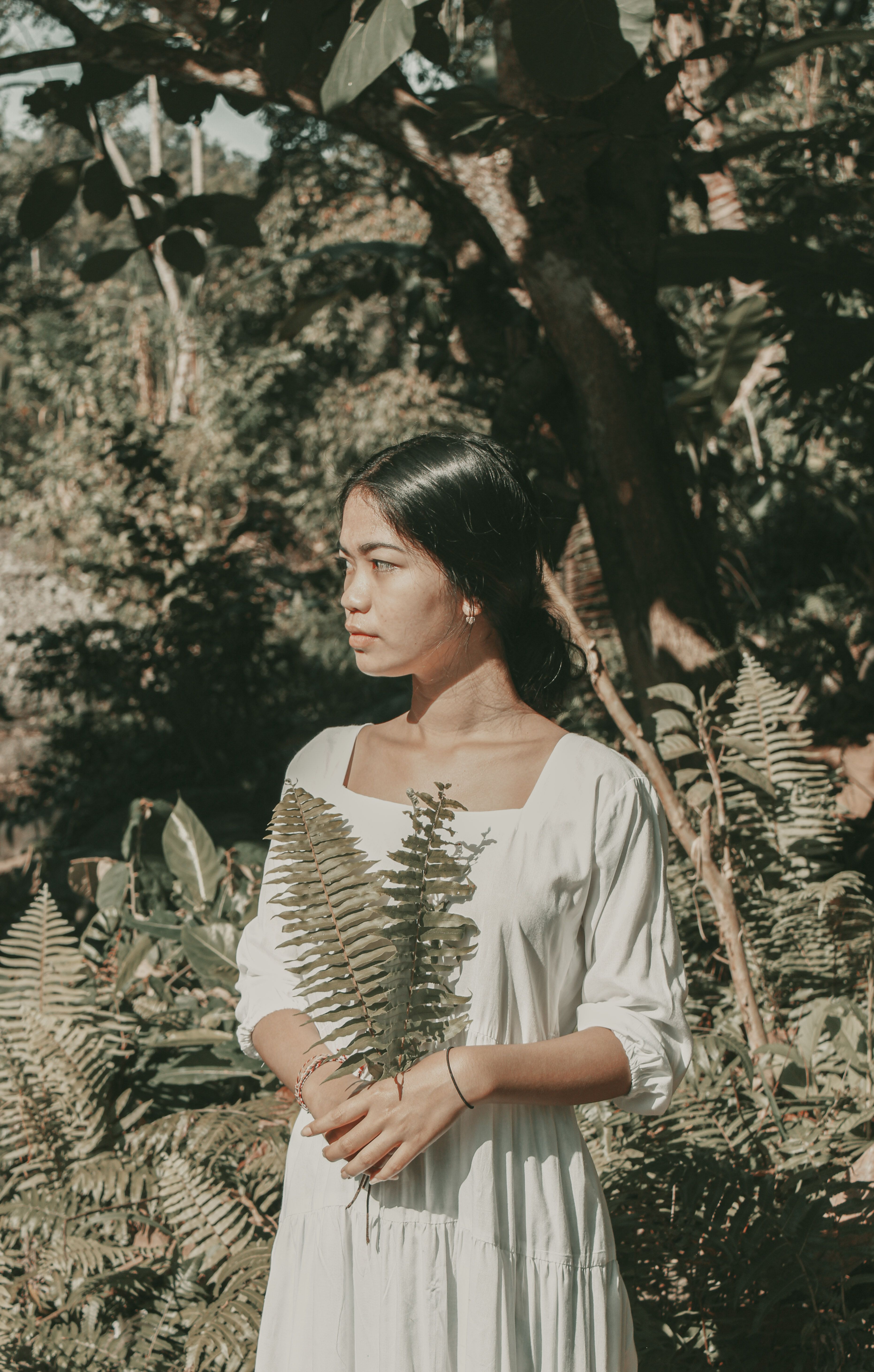 A Woman in White Dress Holding a Green Leaves · Free Stock Photo