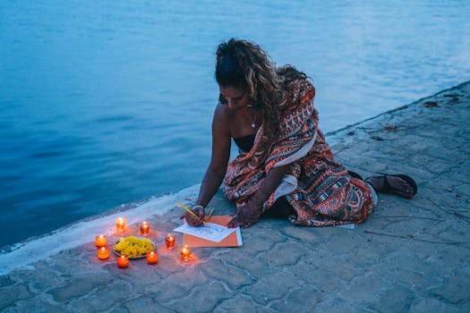 Woman in saree writing by the water during Diwali with candlelight around.